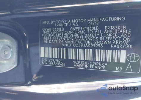 2018 Toyota Yaris Le from USA, damaged, VIN VNKJTUD39JA095958